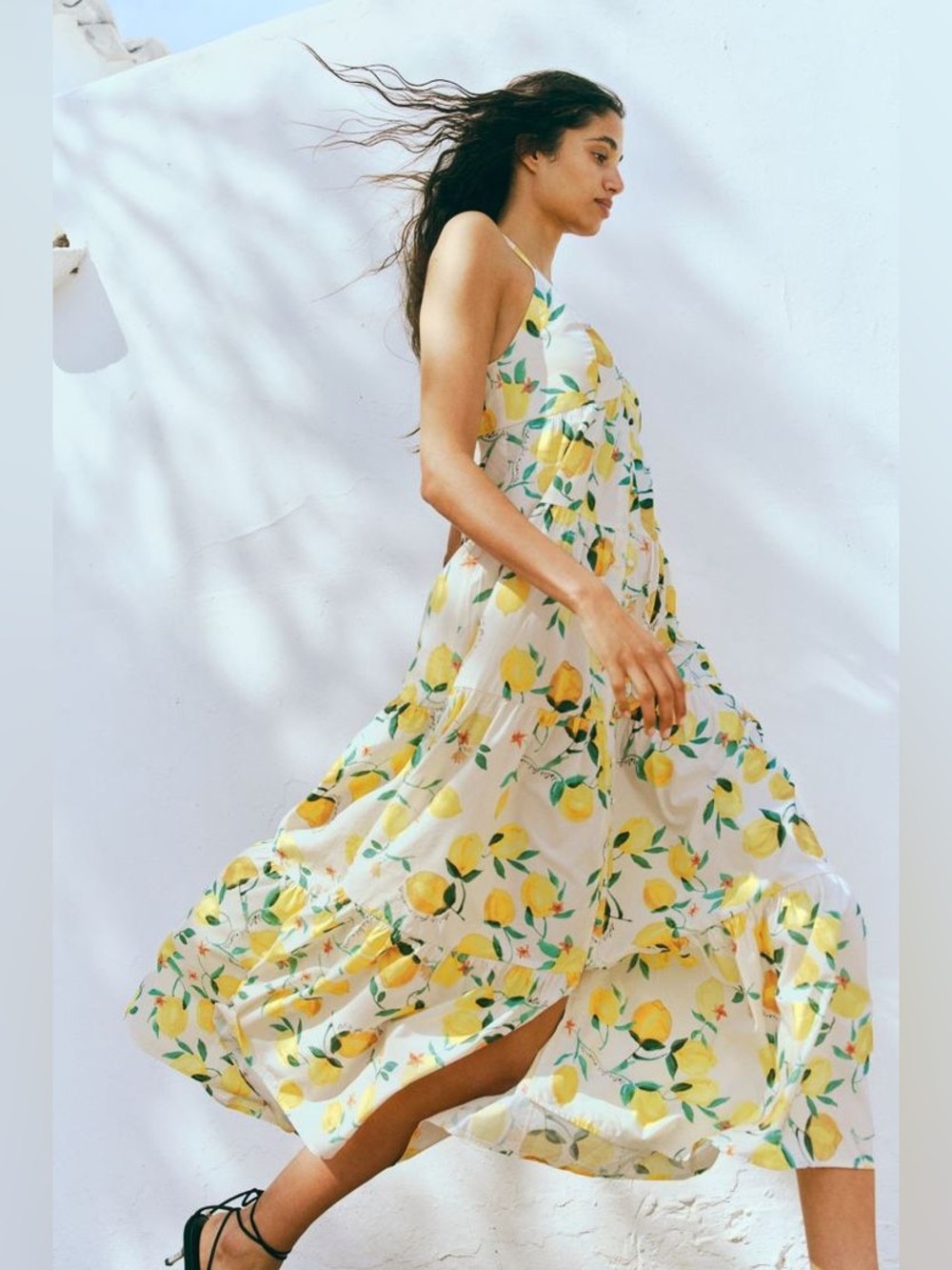 H&M Amalfi Lemon Print Tiered Maxi Dress Cream Yellow Citrus NWOT Size XL